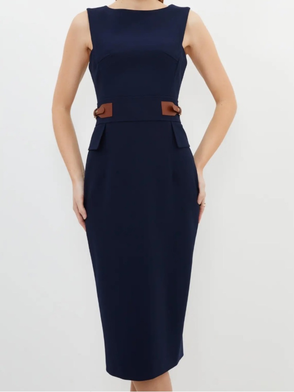 Karen Millen Compact Stretch Tab Waist Detail Tailored Midi Dress